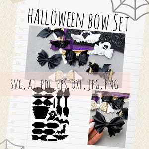 May include: A digital download Halloween bow set featuring various bow designs including bat, ghost, and wing shapes in black, white, purple, and gold glitter. The file formats listed are SVG, AI, PDF, EPS, DXF, JPG, and PNG, displayed on a lined page.