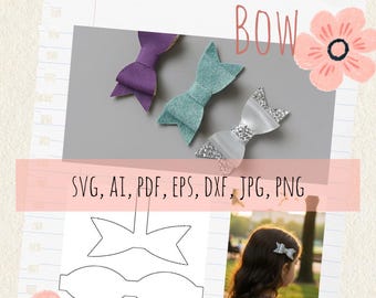 May include: Image featuring three handmade bows in purple, teal, and silver glitter. The words "CUTE BOW" are displayed, along with "DIGITAL DOWNLOAD" and file type options: SVG, AI, PDF, EPS, DXF, JPG, PNG. A small girl is wearing a bow.