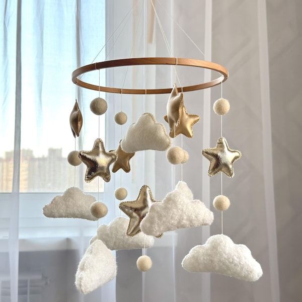 Gold and White Baby Mobile, Nursery Decor, Celestial Crib Mobile, Felt Cloud and Star Mobile, Baby Shower Gift, Boho Baby Nursery