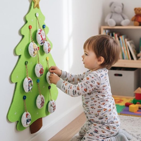 Felt Christmas Lime Green Tree with Ornaments – Handmade Wall Hanging Montessori Set