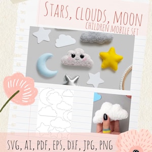 May include: A children's mobile set featuring felt stars, clouds, and a moon in various colors. The set includes a yellow star, a light blue crescent moon, and a smiling cloud. The image also includes the text "STARS, CLOUDS, MOON CHILDREN MOBILE SET".