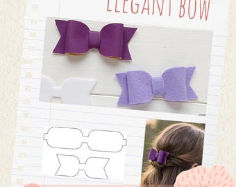 May include: An image featuring two purple felt bows, a white bow template, and a photo of a bow in hair. The text "DIGITAL DOWNLOAD" and "ELEGANT BOW" are visible. File formats listed are SVG, AI, PDF, EPS, DXF, JPG, and PNG.