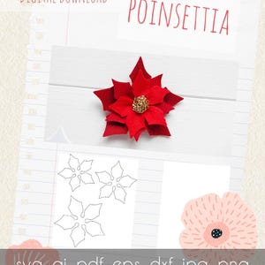 Puede incluir: Una flor de pascua roja con un centro dorado, exhibida sobre una superficie de madera blanca. La imagen incluye el texto "DESCARGA DIGITAL" y "POINSETTIA". También se muestran contornos de pétalos de pascua y formatos de archivo.