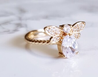 ADJUSTABLE Cubic Zircon Rhinestone Gold Color on Copper Bee Summer Fashion Ring