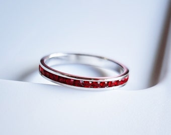 SIZE 10 Recycled Silver and Red Rhinestone Minimalist Stackable Fashion Ring