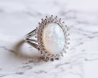 Size 6 Trendy Oval Opal Zircon Gemstone Ring Silver 925 Fashion Jewelry Statement Ring Wedding Engagement Promise Vintage Style Ring