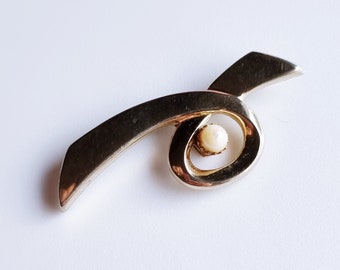 Vintage Antique Recycled Light Gold Ribbon Brooch Pin with Faux Pearl