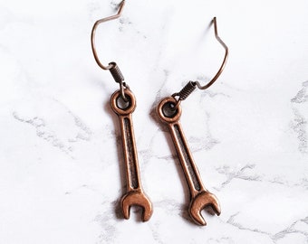 PIERCED Mechanics Wrench Tool Dangle Fashion Costume Copper Bronze Colored Lightweight Earrings
