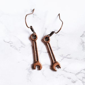 PIERCED Mechanics Wrench Tool Dangle Fashion Costume Copper Bronze Colored Lightweight Earrings image 1