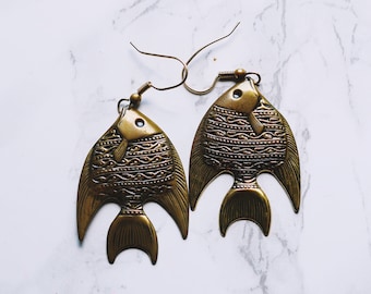 PIERCED Recycled Brass Fish Fashion Dangle Vintage Antique Style Earrings | Summer Earrings | Fishing