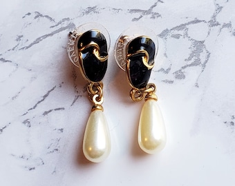 PIERCED Recycled Vintage Black and Gold Faux Pearl Drop Earrings | Fashion Jewelry | Pre-owned