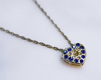 Recycled Blue and White Rhinestone Heart Minimalist Silver Toned Anniversary Promise Love Necklace