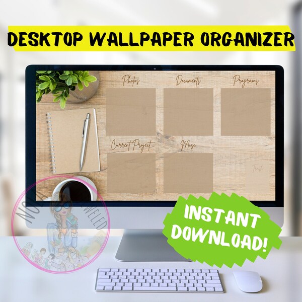 INSTANT DOWNLOAD - Natural Wood Desk Desktop Organizer Wallpaper Blogger Organizer Computer Background Planner Organizer ADHD