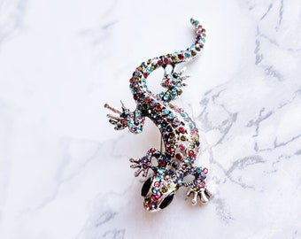Enamel Rhinestone Rainbow Gecko Lizard Fashion Brooch Pin | Costume Jewelry