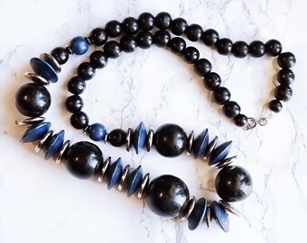Vintage Antique Black and Blue Wooden Bead Fashion Necklace | Costume Jewelry | Back the Blue | Beaded Necklace
