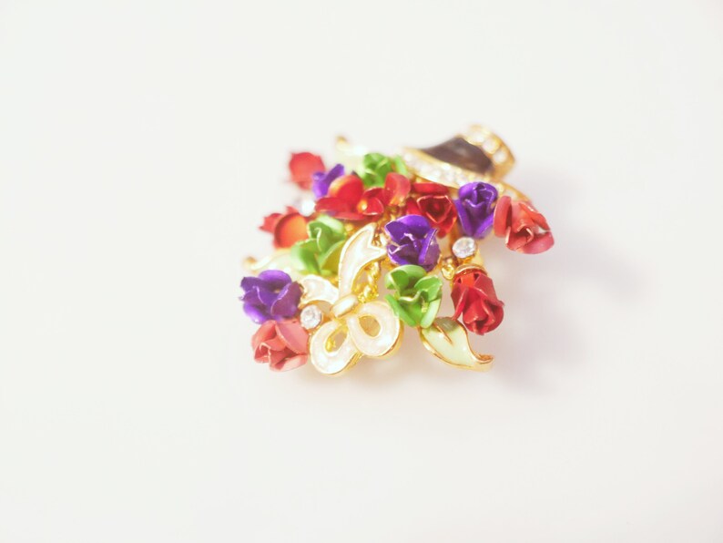 Vintage Rose Flower Rhinestone Plant Brooch Pin