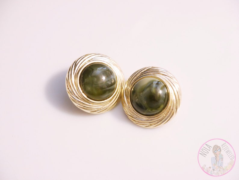 CLIP ON Earrings  Vintage Antique Circle Green & Light Gold image 0