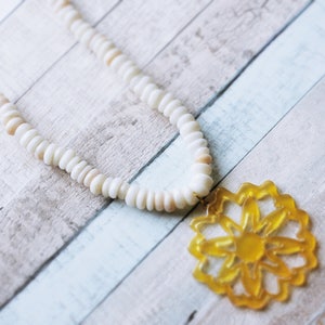 Recycled Creamy White Yellow Beach Boho Radiant Sunshine Flower Fashion Necklace image 1