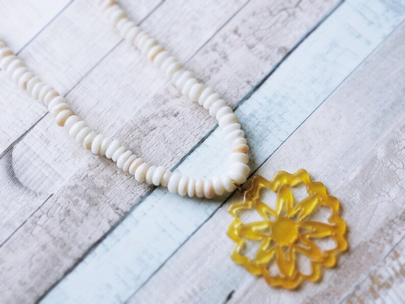 Recycled Creamy White Yellow Beach Boho Radiant Sunshine Flower Fashion Necklace image 1