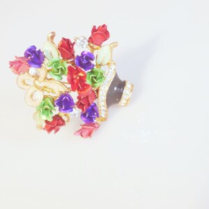 Vintage Rose Flower Rhinestone Plant Brooch Pin image 5