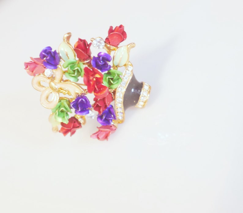 Vintage Rose Flower Rhinestone Plant Brooch Pin