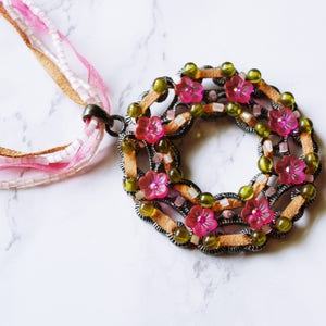 Recycled Pink 3-Layer Beaded Flower Spring Summer Fashion Necklace image 1