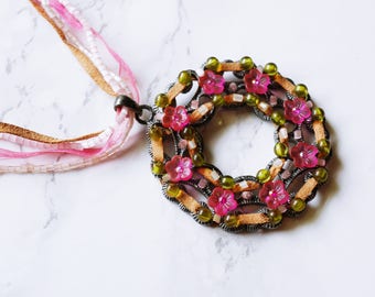 Recycled Pink 3-Layer Beaded Flower Spring Summer Fashion Necklace