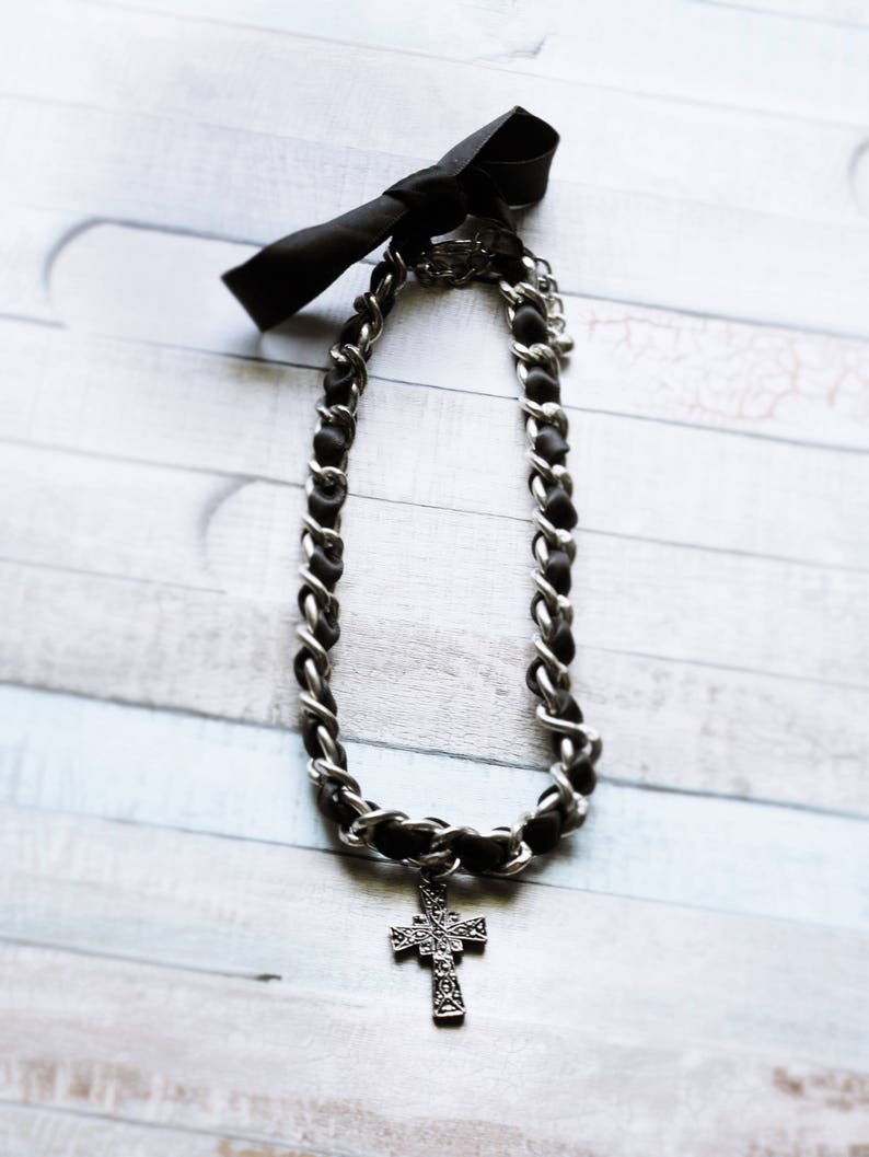 Recycled Gothic Black Detailed Cross Silver Chain and Ribbon Necklace image 2