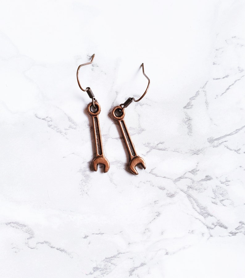 PIERCED Mechanics Wrench Tool Dangle Fashion Costume Copper Bronze Colored Lightweight Earrings image 1