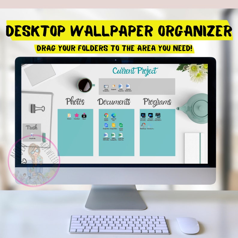 Simple Teal Desktop Organizer Wallpaper Desktop Blogger Organizer Computer Background Desktop Planner Desktop Wallpaper Organizer ADHD image 2