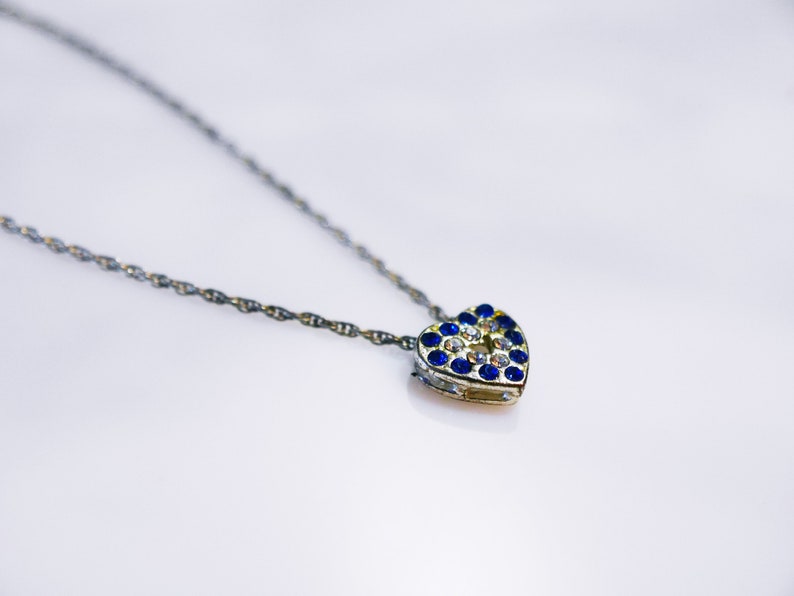 Recycled Blue and White Rhinestone Heart Minimalist Silver Toned Anniversary Promise Love Necklace image 8