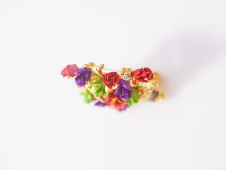Vintage Rose Flower Rhinestone Plant Brooch Pin