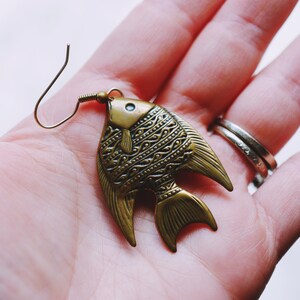 PIERCED Recycled Brass Fish Fashion Dangle Vintage Antique Style Earrings Summer Earrings Fishing image 5