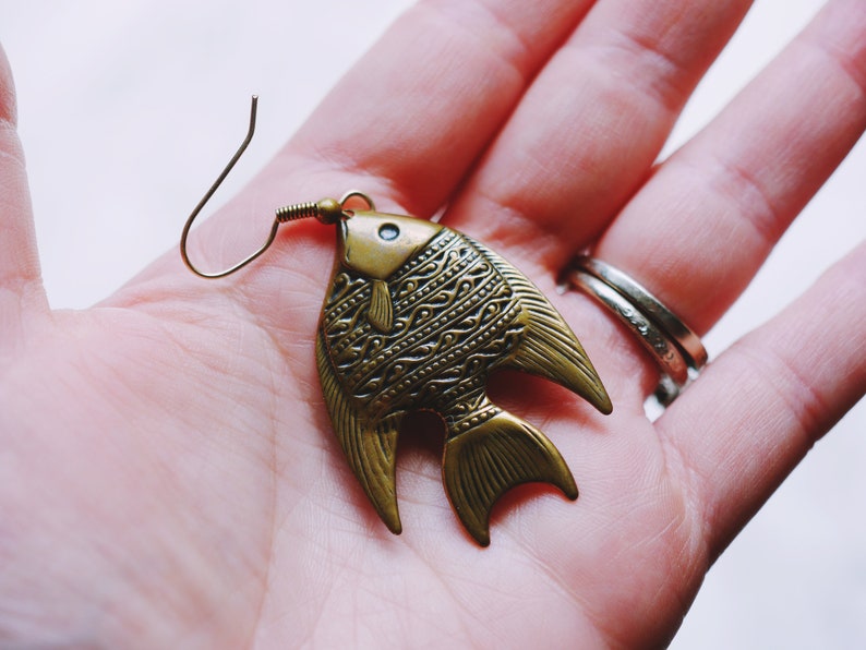 PIERCED Recycled Brass Fish Fashion Dangle Vintage Antique Style Earrings Summer Earrings Fishing image 5