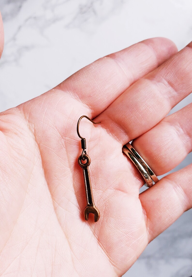 PIERCED Mechanics Wrench Tool Dangle Fashion Costume Copper Bronze Colored Lightweight Earrings image 3