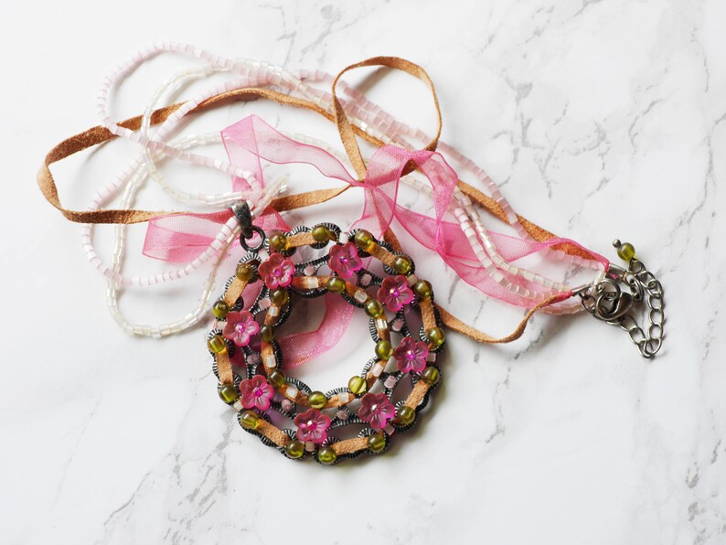 Recycled Pink 3-Layer Beaded Flower Spring Summer Fashion Necklace image 8