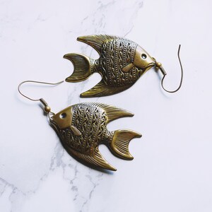 PIERCED Recycled Brass Fish Fashion Dangle Vintage Antique Style Earrings Summer Earrings Fishing image 3
