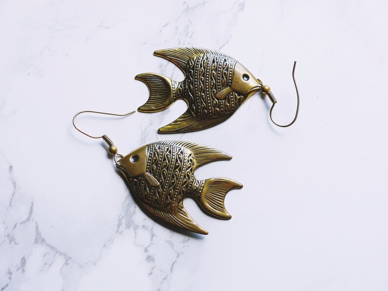 PIERCED Recycled Brass Fish Fashion Dangle Vintage Antique Style Earrings Summer Earrings Fishing image 3