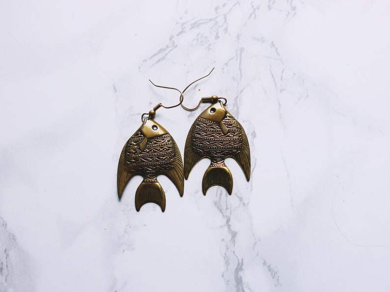 PIERCED Recycled Brass Fish Fashion Dangle Vintage Antique Style Earrings Summer Earrings Fishing image 1