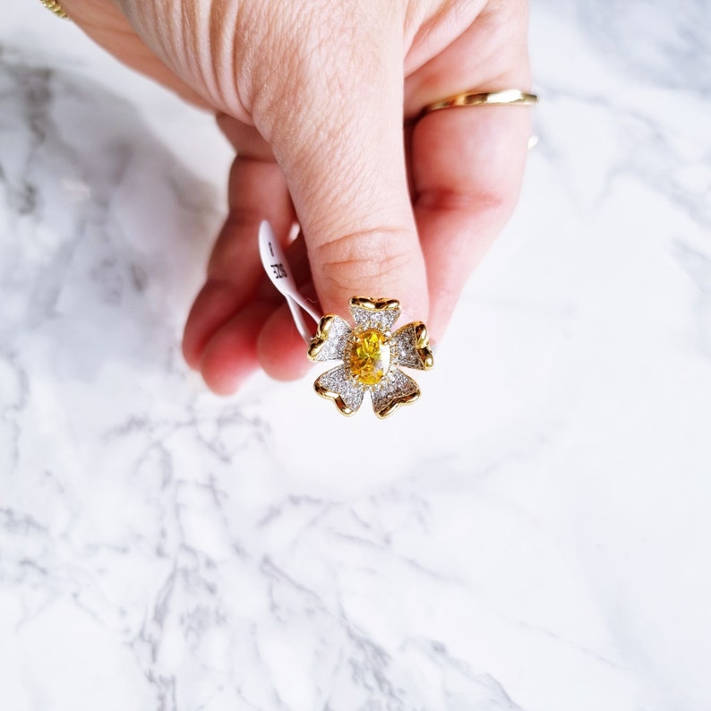 SIZE 8 Silver Gold Yellow Rhinestone Zircon Sunflower Fashion Costume Statement Ring 画像 2