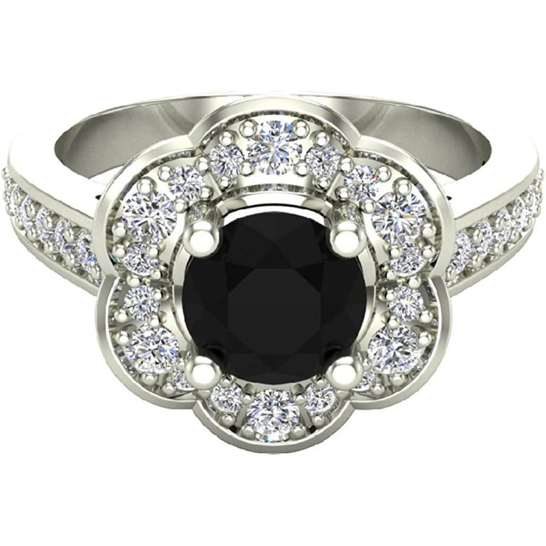 SIZE 7 Fashion Flower Black Diamond Halo Wedding Engagement image 1