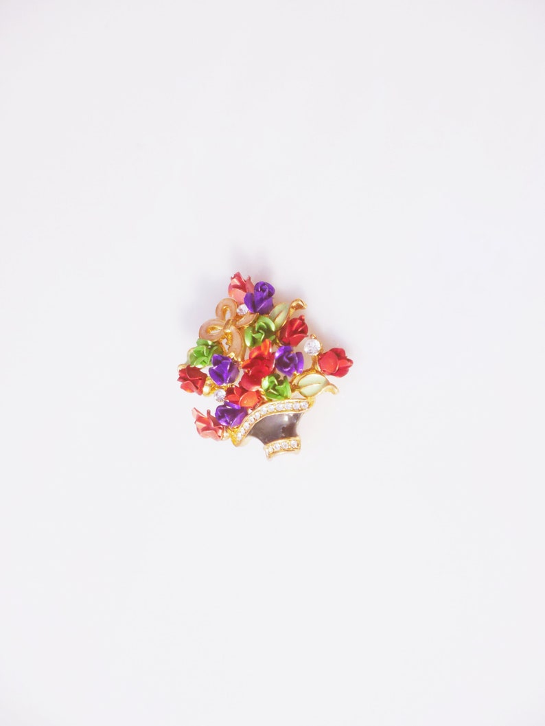 Vintage Rose Flower Rhinestone Plant Brooch Pin
