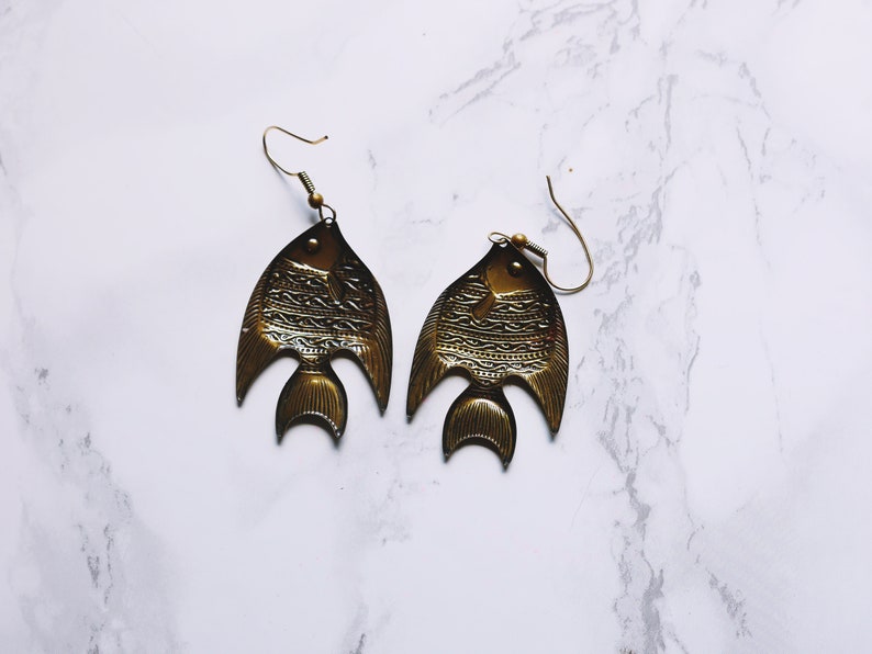 PIERCED Recycled Brass Fish Fashion Dangle Vintage Antique Style Earrings Summer Earrings Fishing image 2