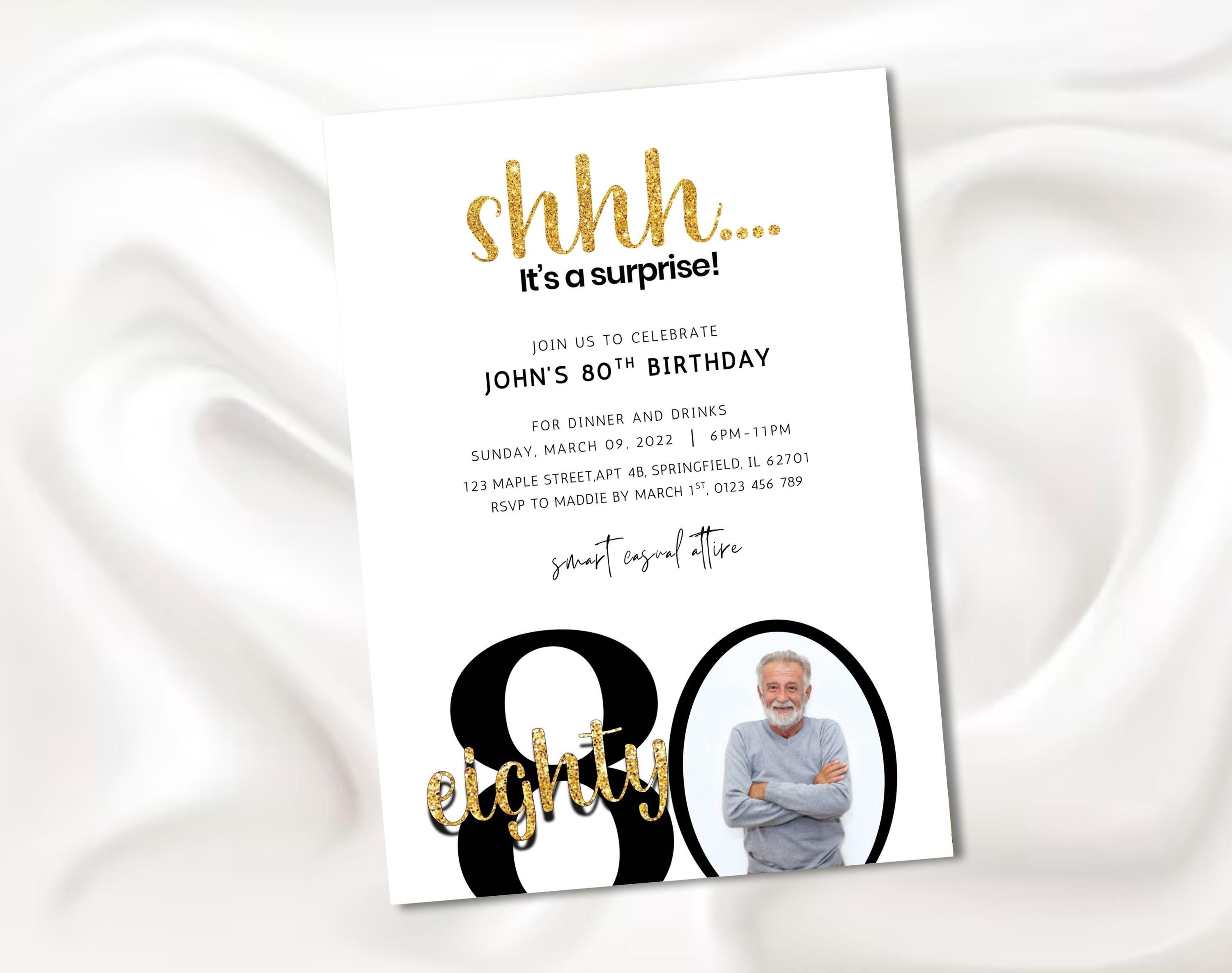 Surprise 80th Birthday Invitation Template with Photo (Digital Download), image size:3000x2368