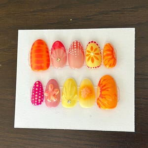 Reusable Citrus Sunshine Press-On Nails | Summer Floral and Fruity Nail Set | Handmade Bright Orange & Yellow Nails | Custom Sizes Available