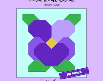 Modello PDF per blocco trapuntato con fiori viola (fiore di nascita di febbraio)