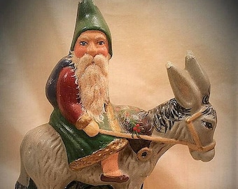 Handmade Chalkware Santa on Donkey: Vintage Chocolate Mold Art
