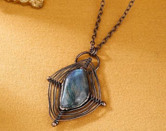 Geometrische Labradorit Anhänger - Kupfer Ethno Style Schmuck