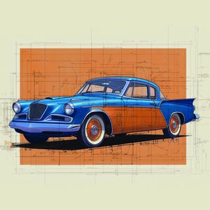 Könnte beinhalten: Illustration eines Oldtimer-Autos in Blau und Orange mit Weißwandreifen und orangefarbenen Radkappen. Das Auto befindet sich vor einem orangefarbenen Hintergrund mit architektonischen Strichzeichnungen.