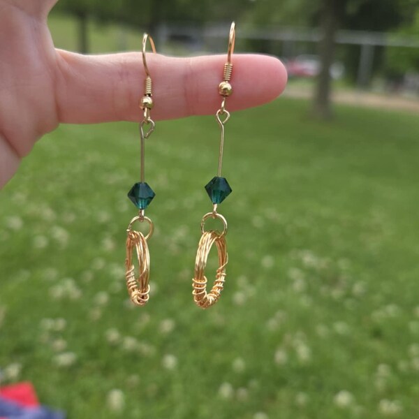 delicate earrings, hand-worked copper wire, Czech crystal beads